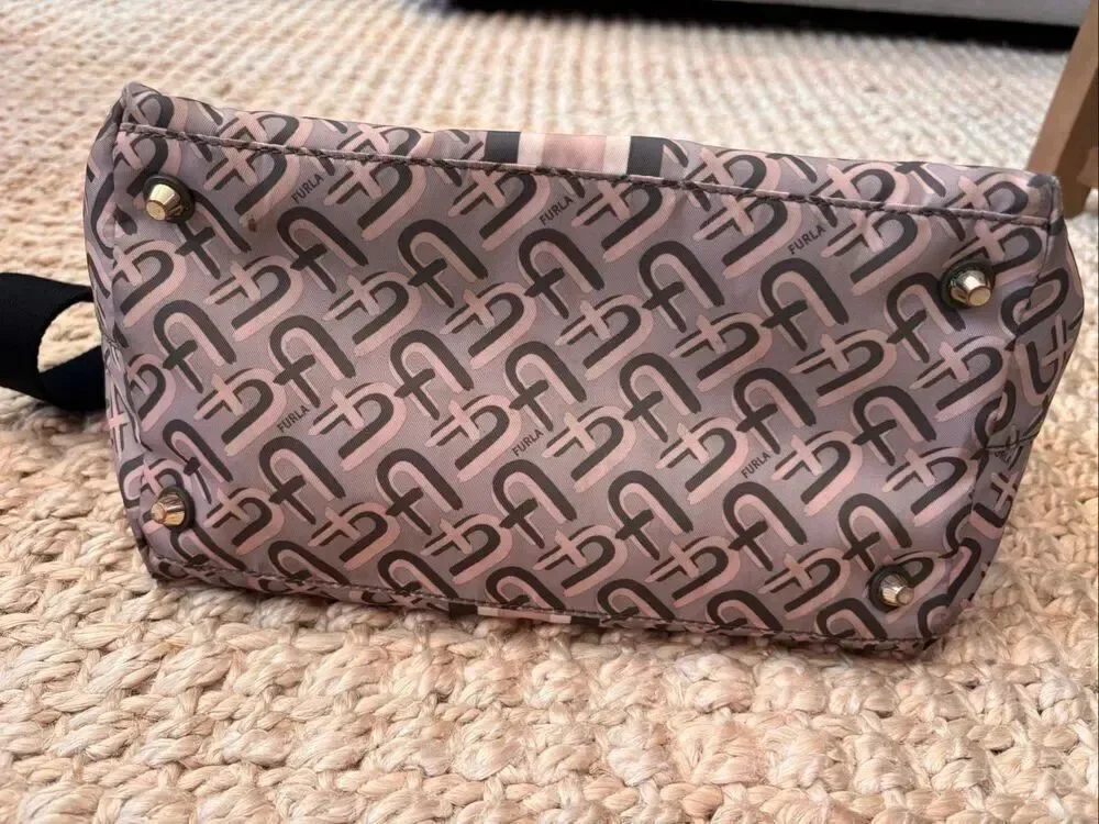 Furla Monogram Nylon Satchel Crossbody Bag Pink Green Stripe Designer Tote, $395